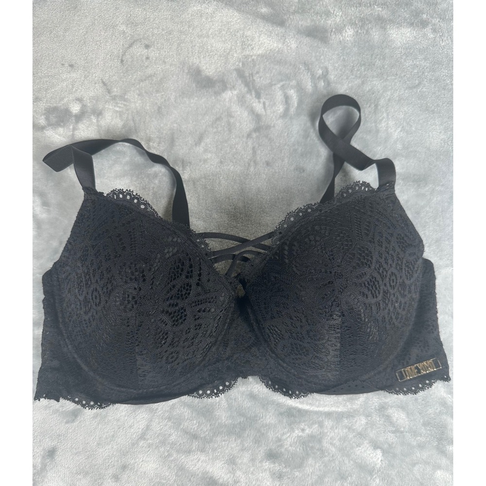 XOXO Bra Women 36D Black Lace Push Up Underwire Lace-Up Detail 6239-70